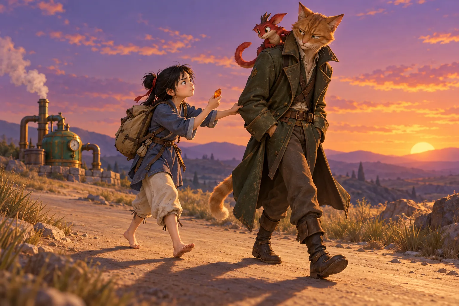 Sui’an, a barefoot girl with an amber keepsake, tugs the green coat of Gengchen, a tall orange cat, on a road at sunset.