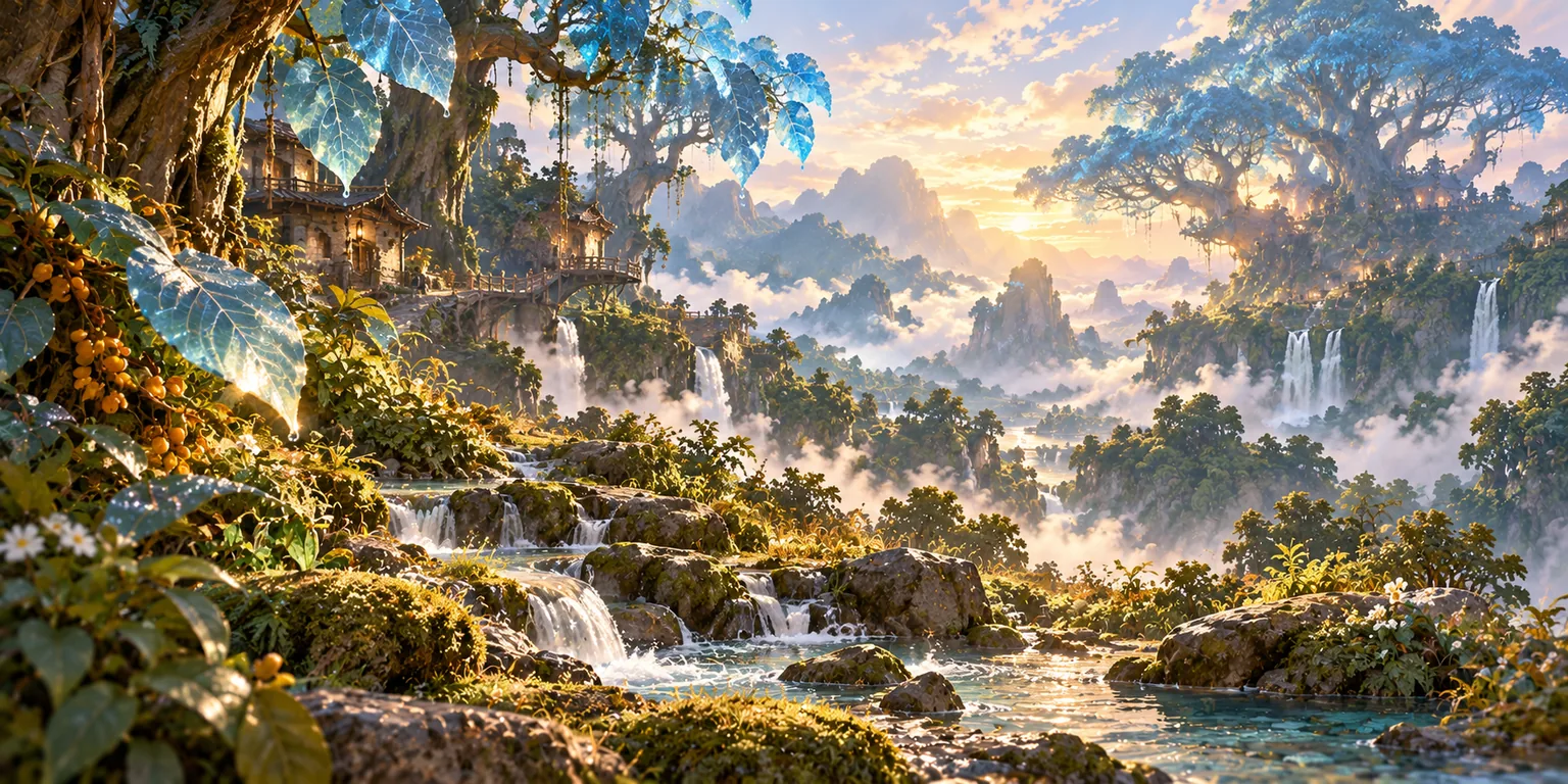 An early concept of a secluded valley with translucent blue leaves, streams and mountain dwellings.